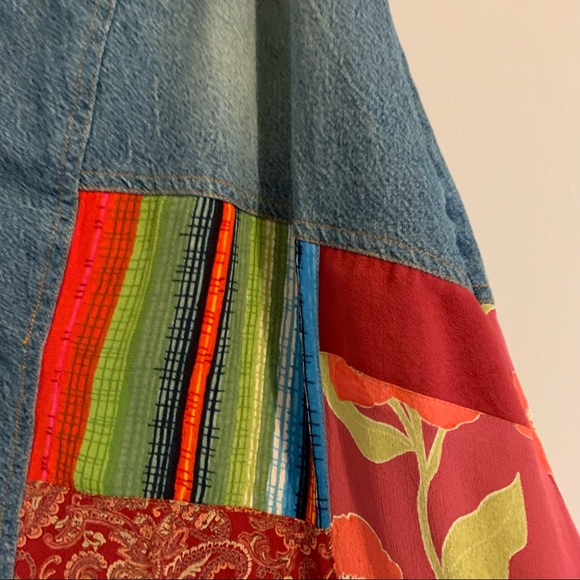 Vintage Skirt Patchwork Cabincore Boho Mixed Print Denim Midi Length Jean Skirt - Picture 10 of 14